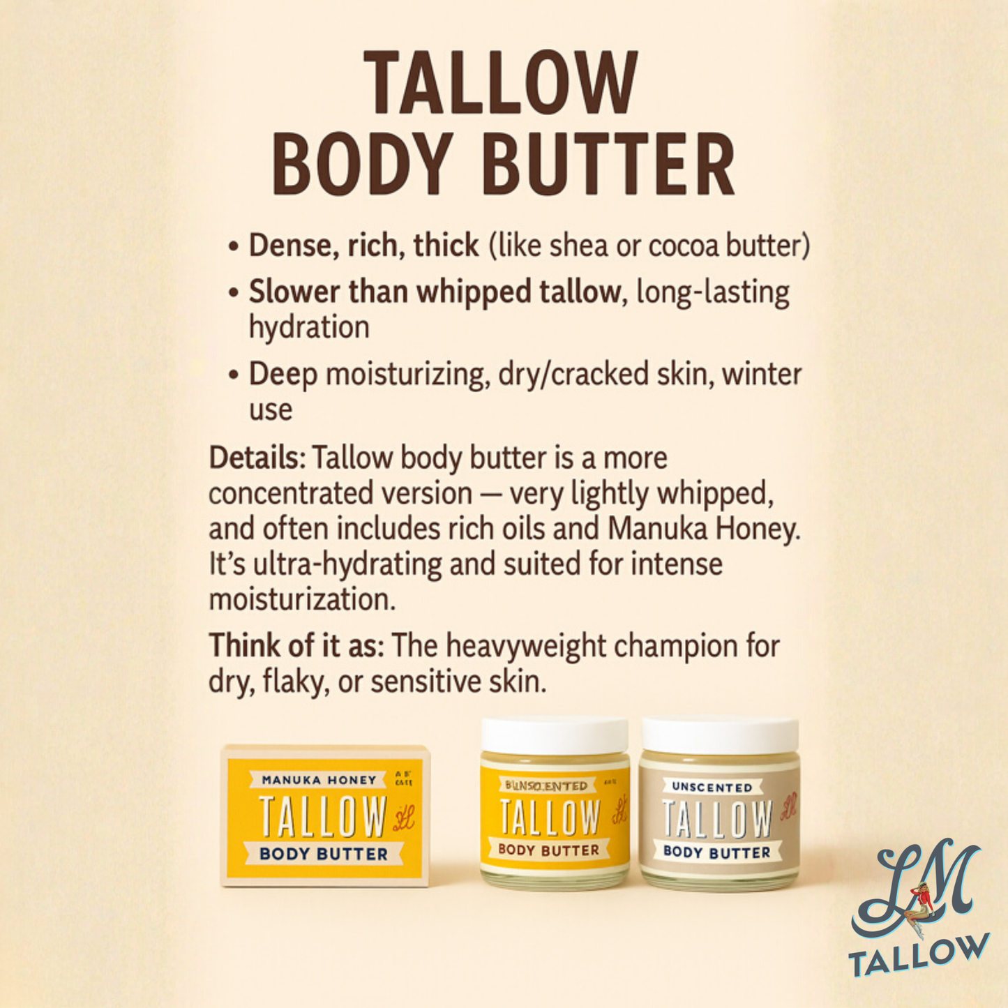 Trío de Cuidado de Piel de Tallow Sin Fragancia - Hidratante Batido, Manteca Corporal y Bálsamo