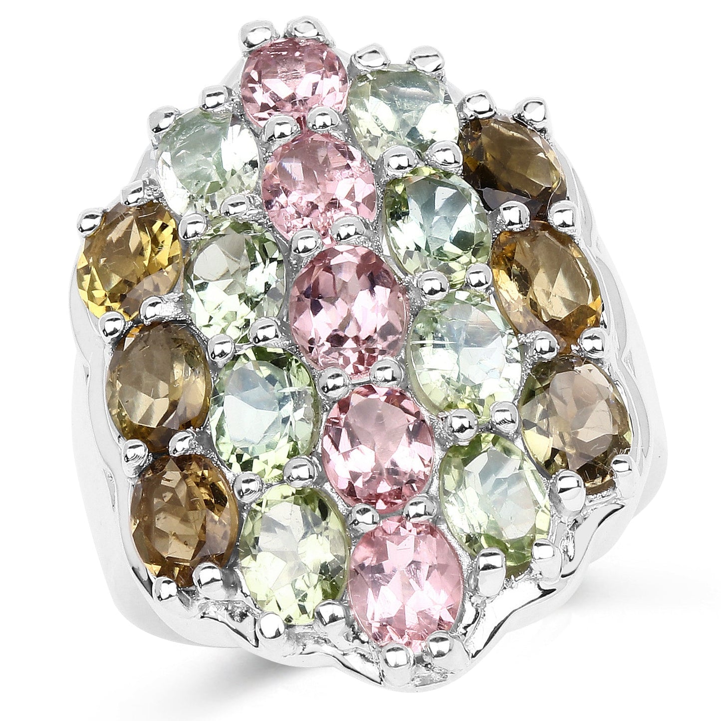 Anillo de Clúster de Turmalina Genuina de 6.74 Quilates en Plata Esterlina