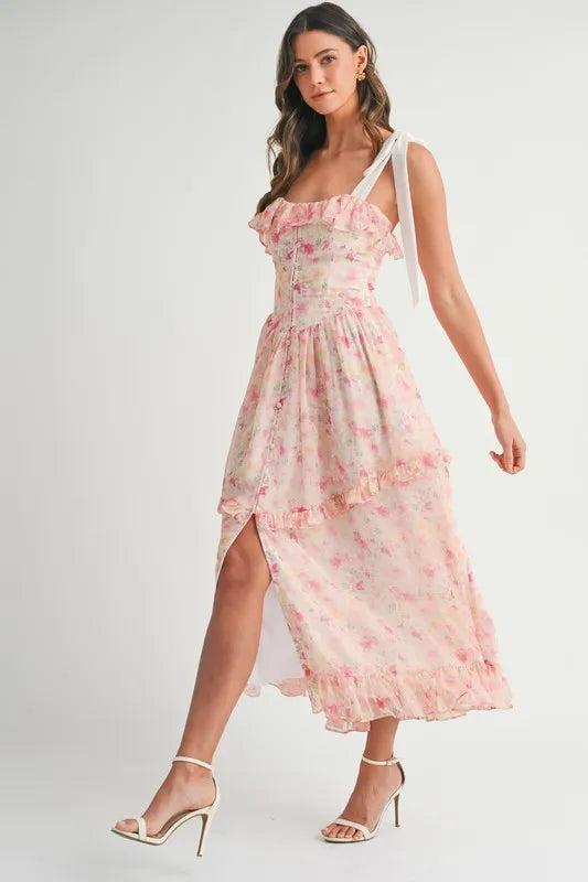 Robe Midi Imprimée Florale Élégante avec Bretelles