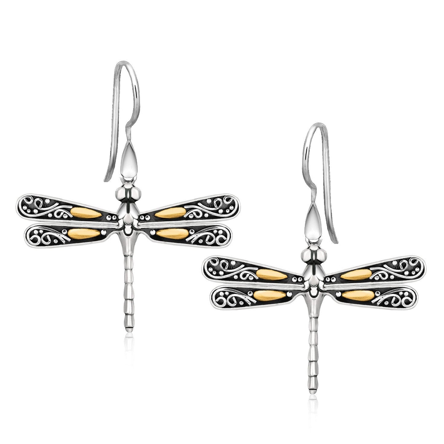 18k Yellow Gold & Sterling Silver Dragonfly Drop Earrings
