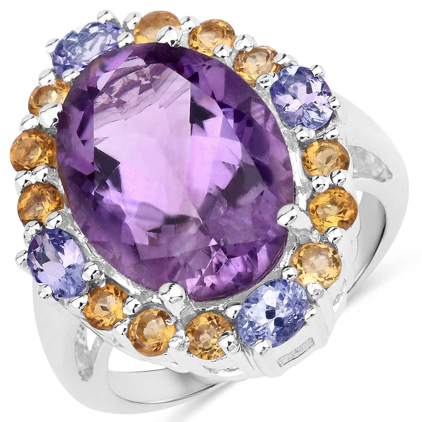 9.66 Carat Genuine Amethyst, Citrine & Tanzanite Sterling Silver Ring