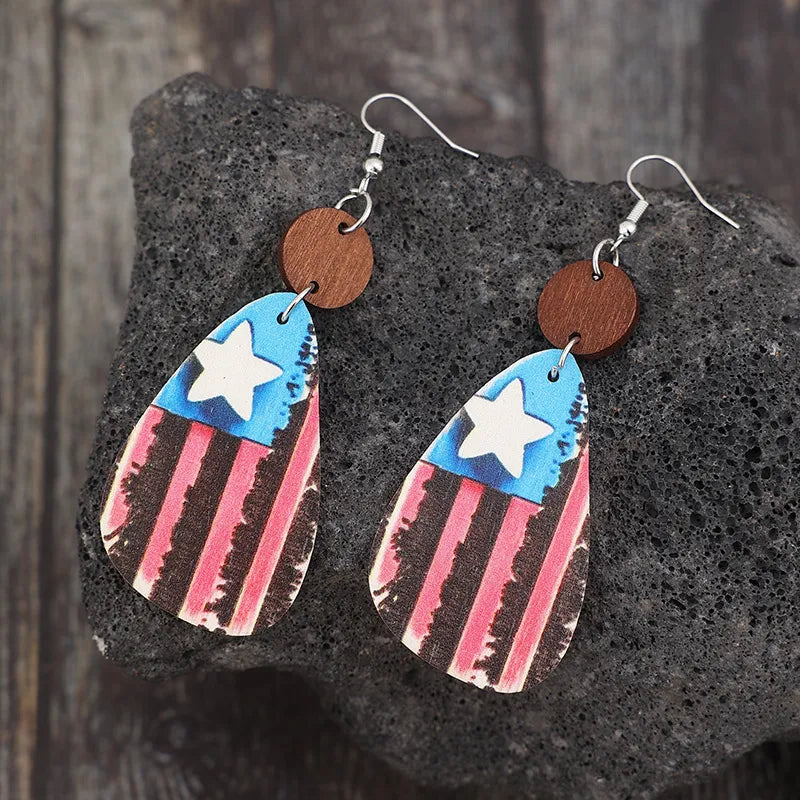 Star & Stripes Wooden Dangle Earrings - Korvel