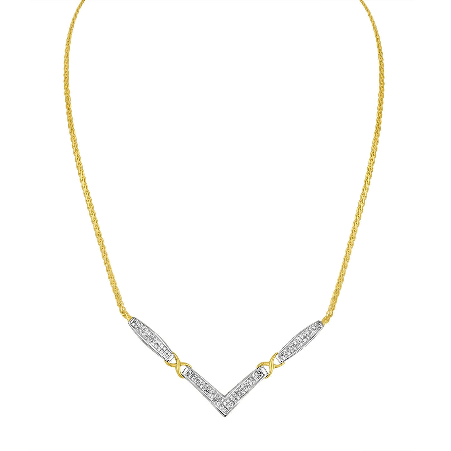 Collar de Cadena Franco en Forma de V con Diamantes de Oro de 14K