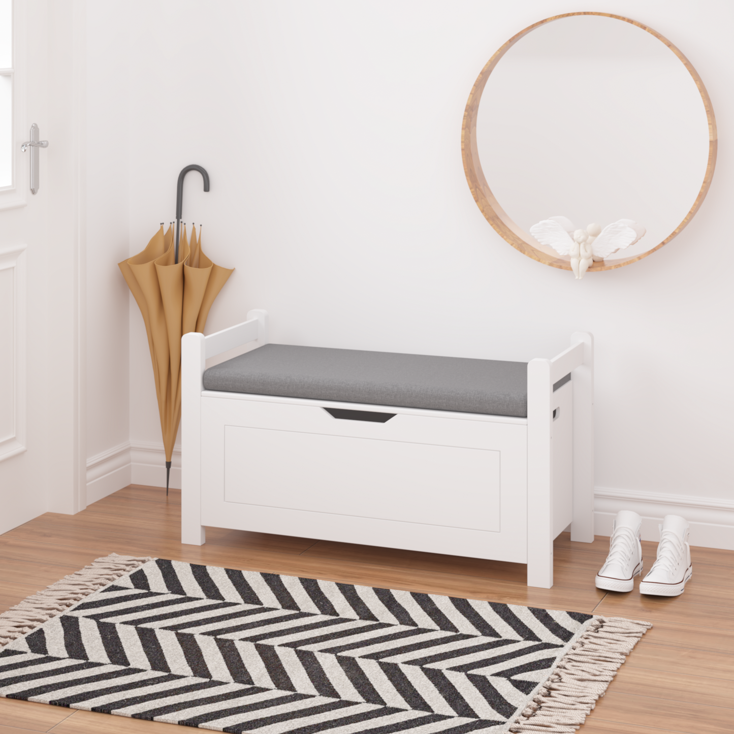 A white rubber wood children's toy box with soft cushioned seats, stools, flip covers, and safety hinges for toy storage - Korvel