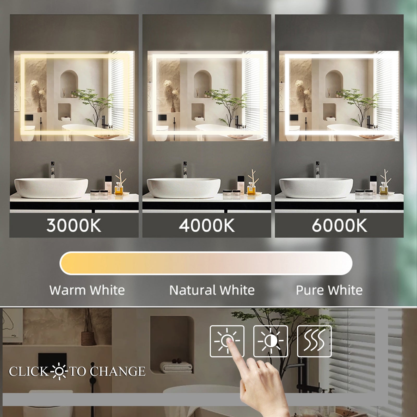 LED Bathroom Mirror 48x 36 Inch with lights, anti-Fog & Dimming Led Bathroom Vanity Mirror - Korvel