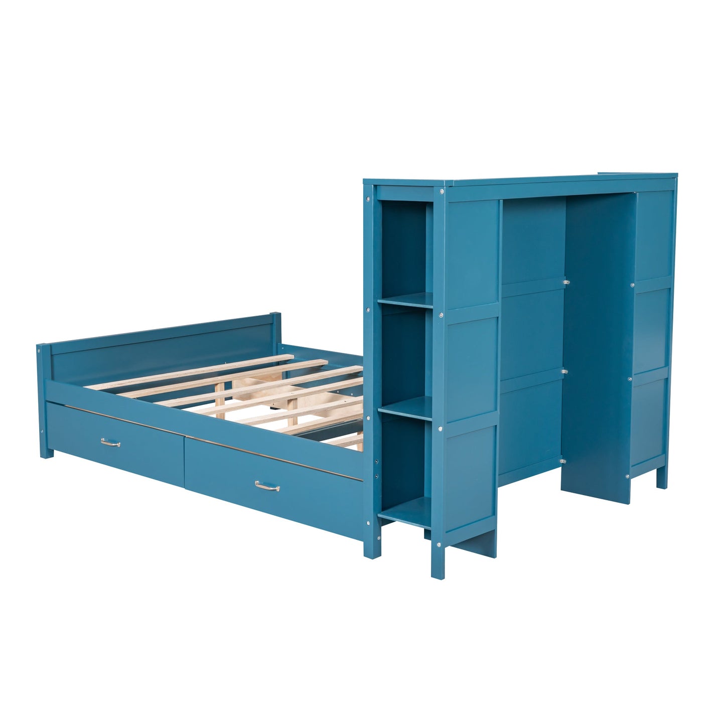 Lit plateforme bleu de taille complète avec tiroirs et étagères de rangement