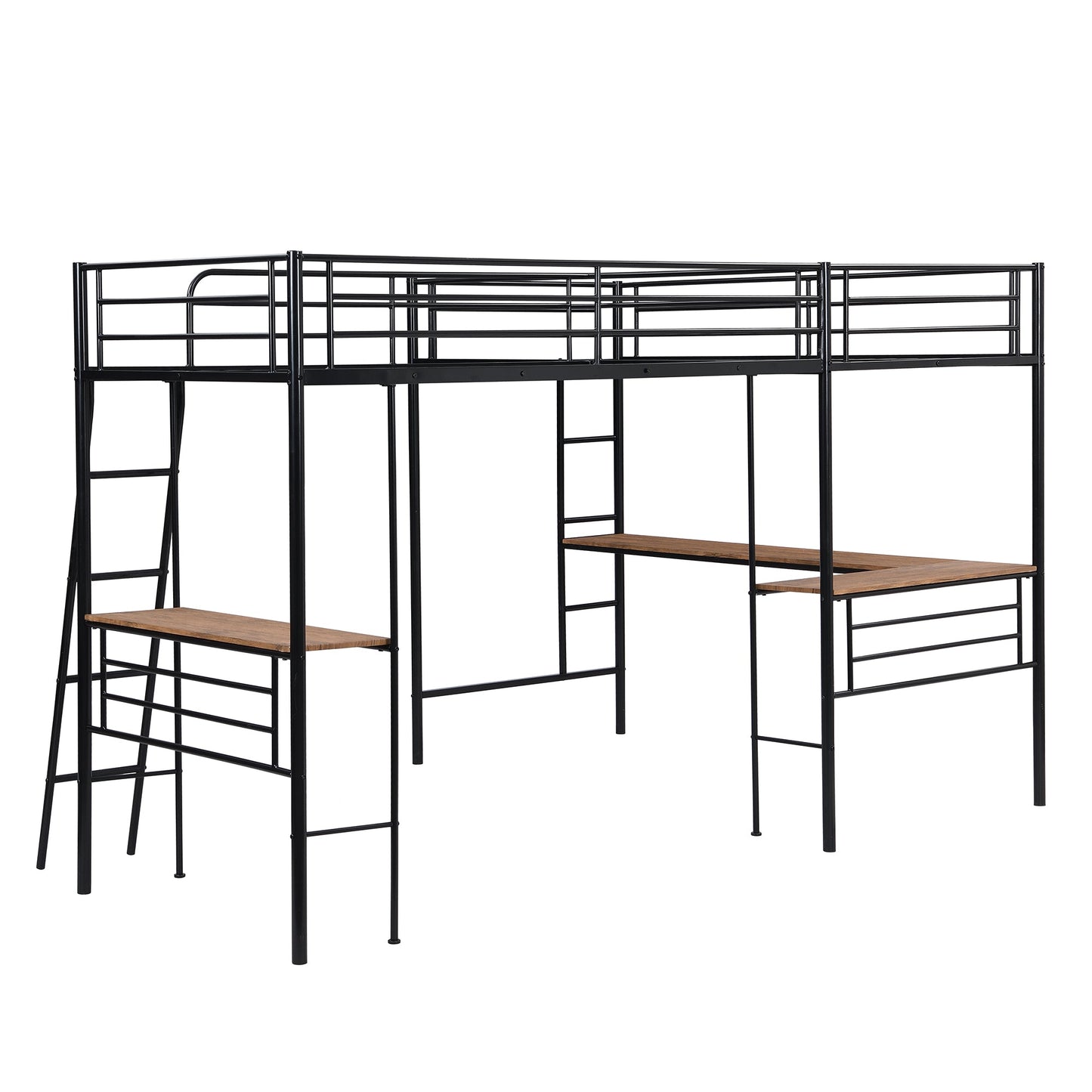 Twin Size Metal Loft Bed with Two Built-in Desks Black - Korvel