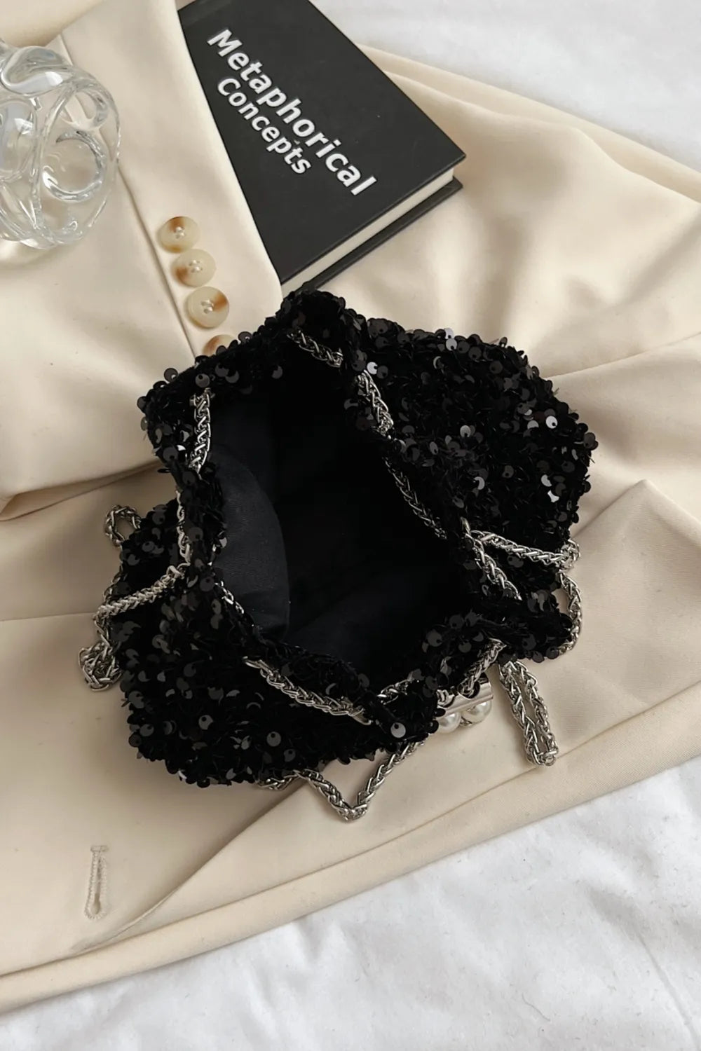Sequin Chain Drawstring Bucket Bag - Korvel