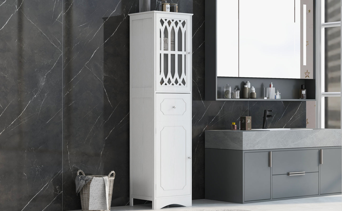 Elegant Tall Bathroom Cabinet with Adjustable Shelf - White
