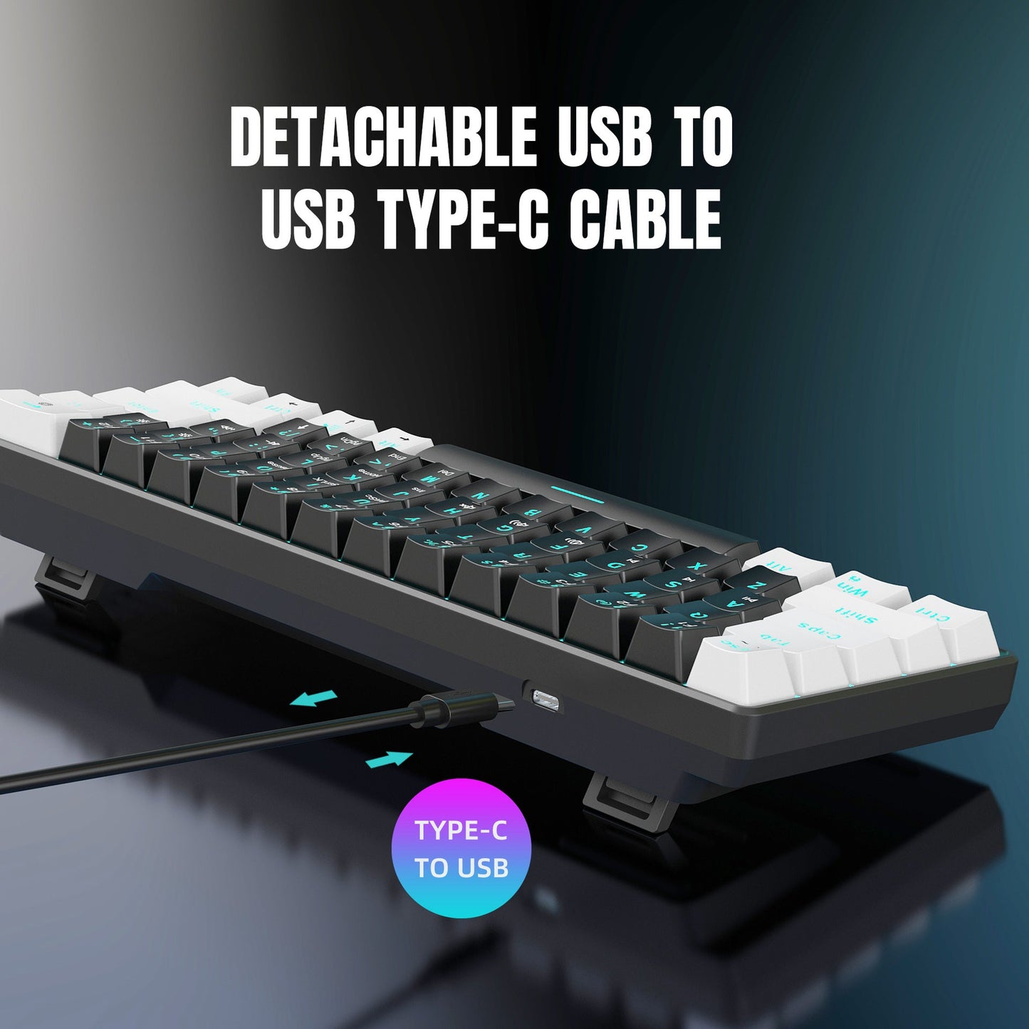 Mechanical keyboard 61 key short style small keyboard for office typing, black and white dual splicing ice blue backlit blue axis gaming keyboard - Korvel