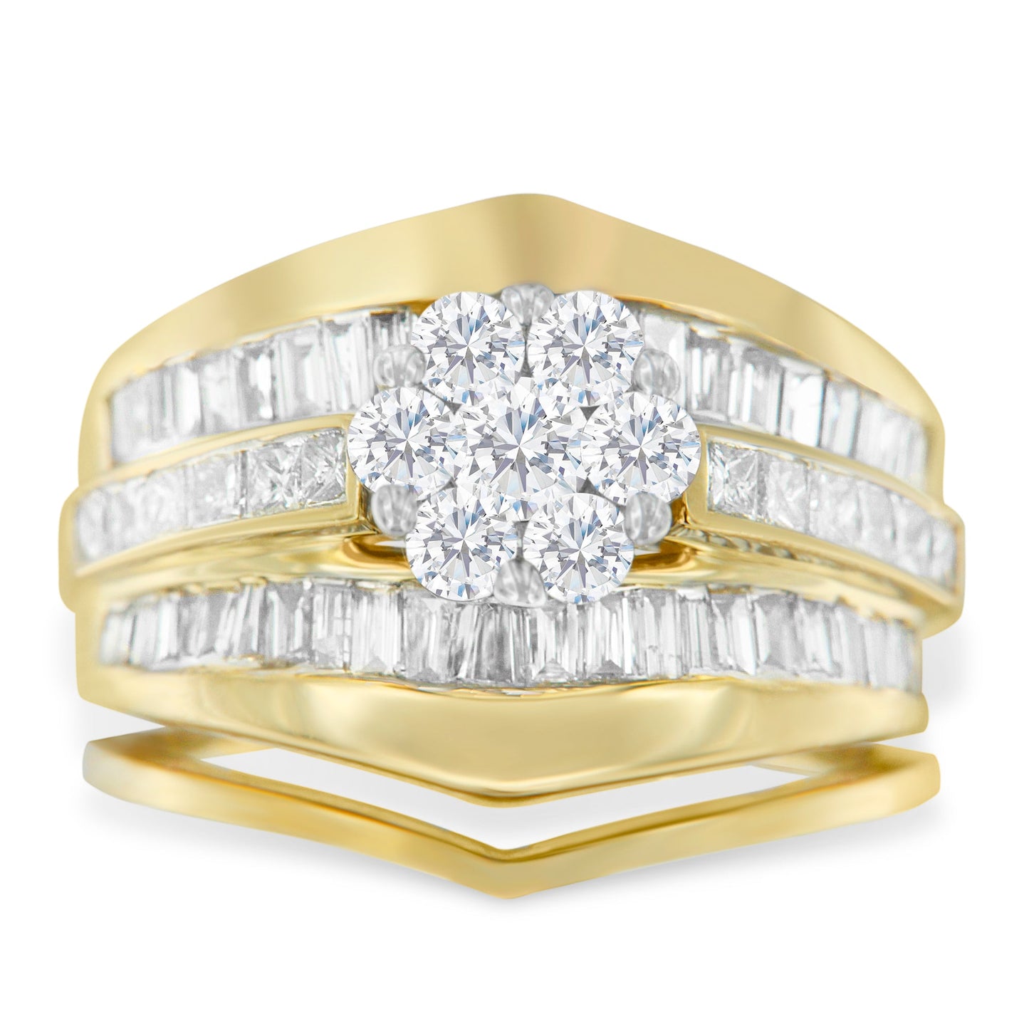 Ensemble de Bagues de Fiançailles en Or Jaune 14K avec Diamants en Cluster en Forme de Chevron - Tai