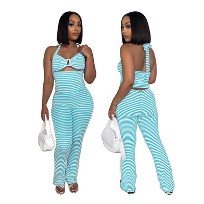 Belted Short Top with Slim Pencil Skirt Two-Piece Set in Jacquard Stripe - Korvel