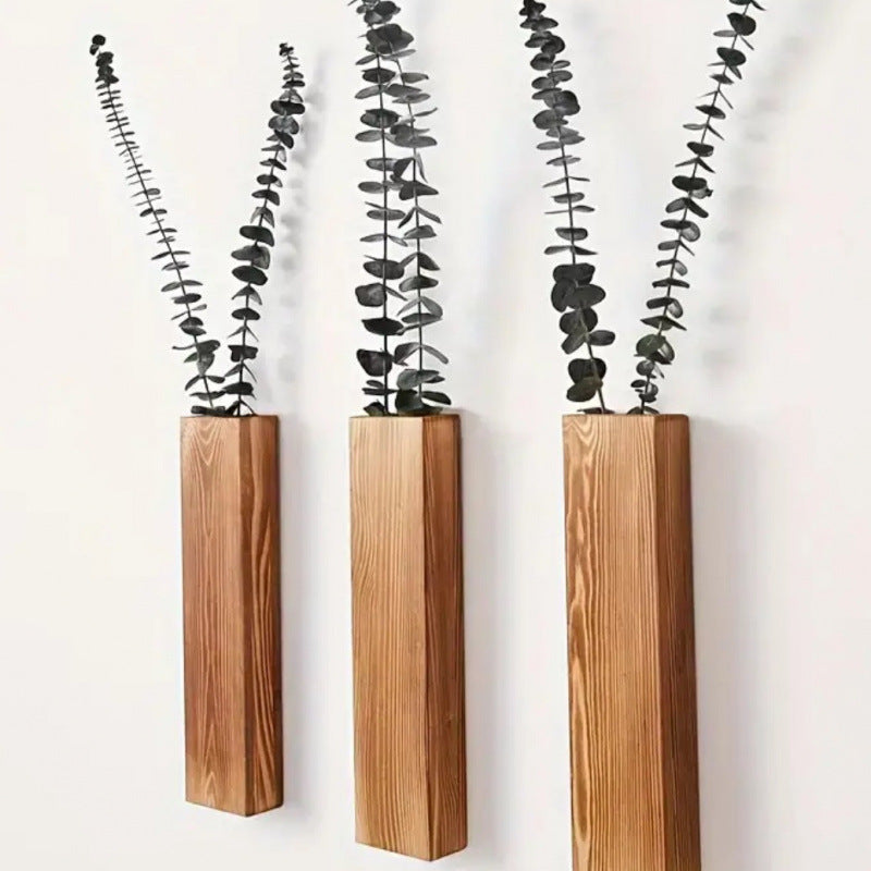 Wooden wall vase dried flower decoration green plant container pine wood wall hanging vase - Korvel