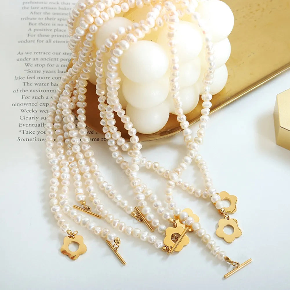 Titanium Steel Pearl Flower Necklace - Korvel