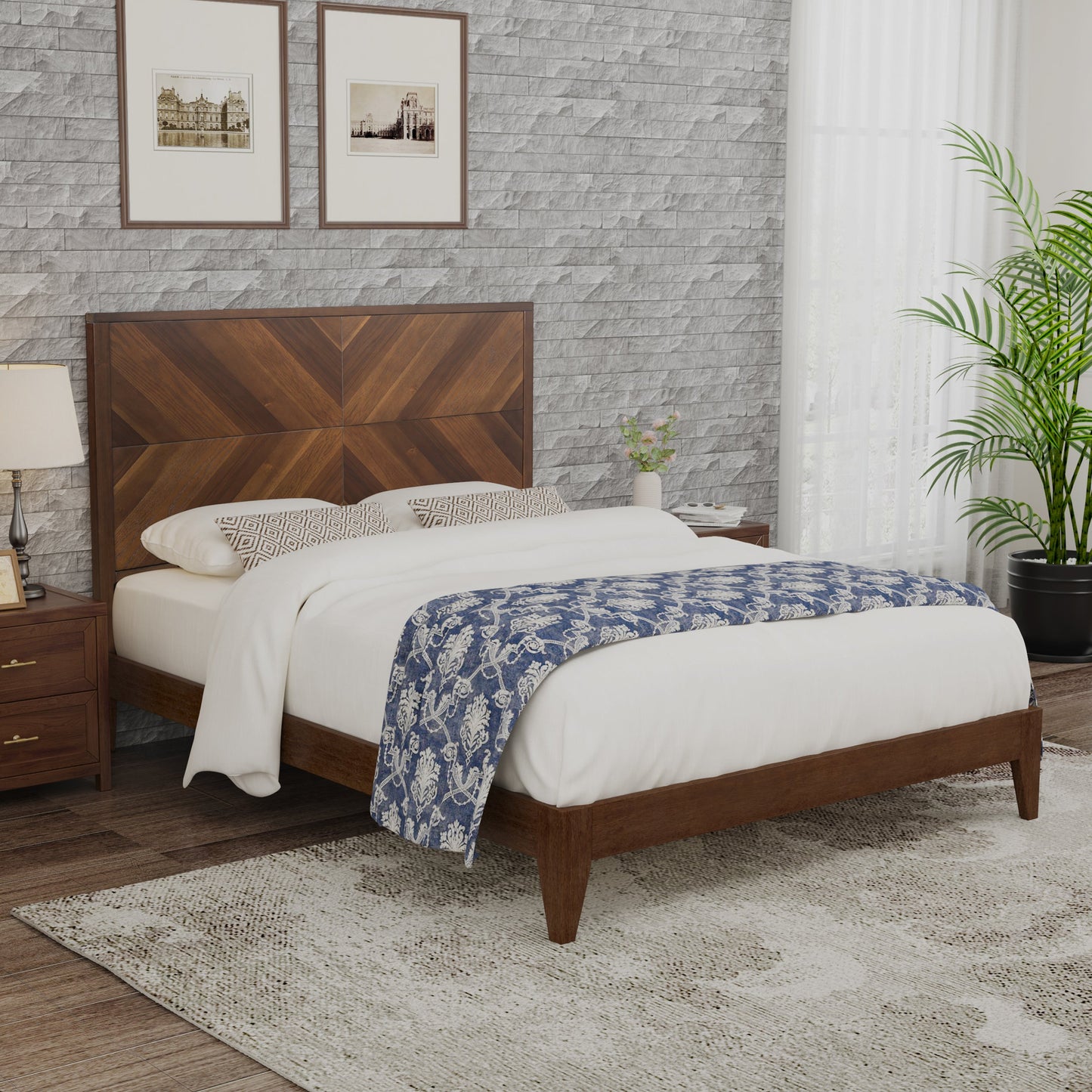 Mid-Century Modern Platform Bed Wood Slat Support with No Box Spring Needed,Queen, Walnut - Korvel