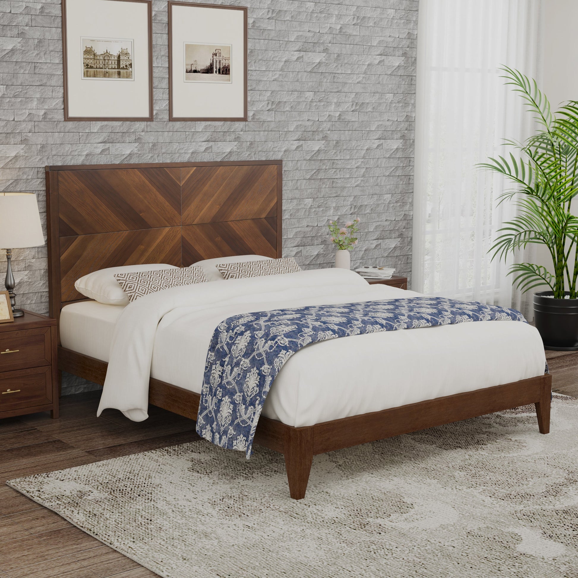 Mid-Century Modern Platform Bed Wood Slat Support with No Box Spring Needed,Queen, Walnut - Korvel