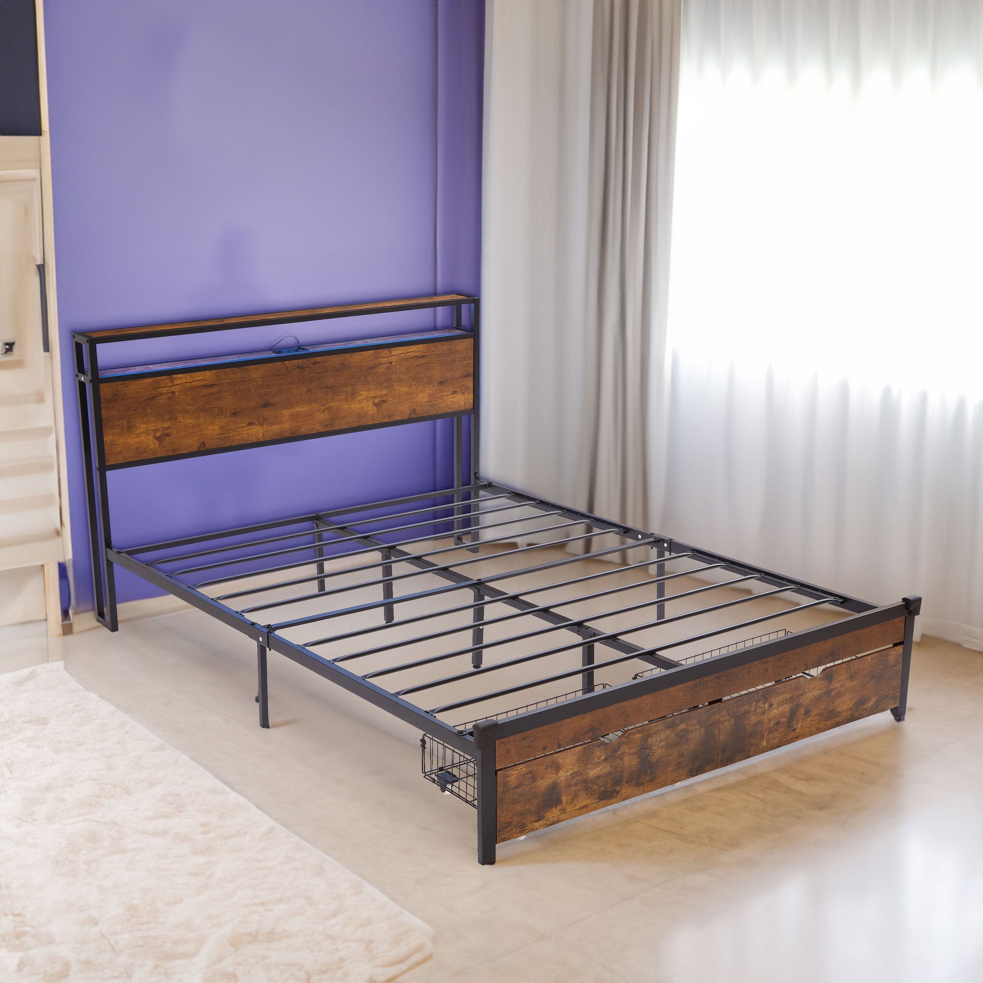 Large metal bed frame with wooden headboard and USB foot pedal, charging station, 2 drawers, LED lights, no need for box spring - Korvel