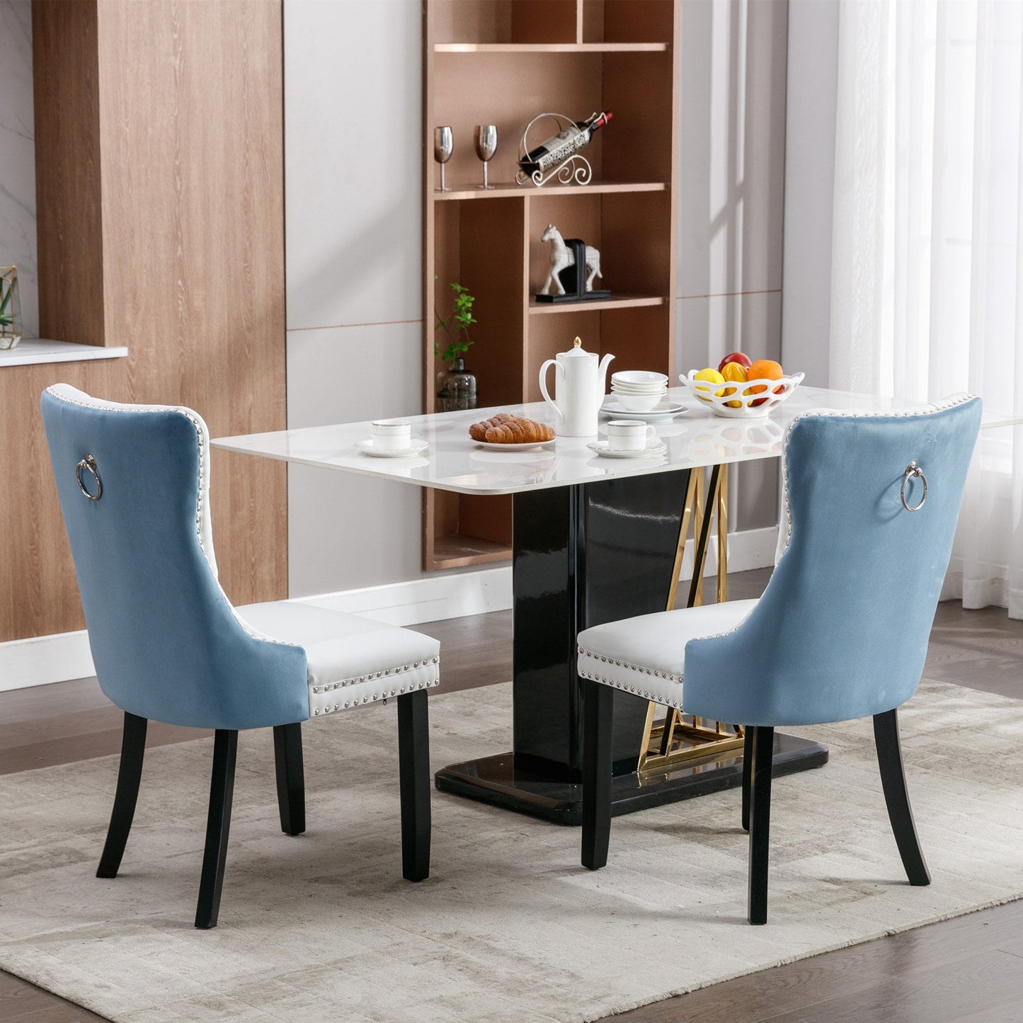 A&A Furniture Nikki Collection Modern High-end Tufted Solid Wood Contemporary PU 2-Pcs Set White+Light Blue - Korvel