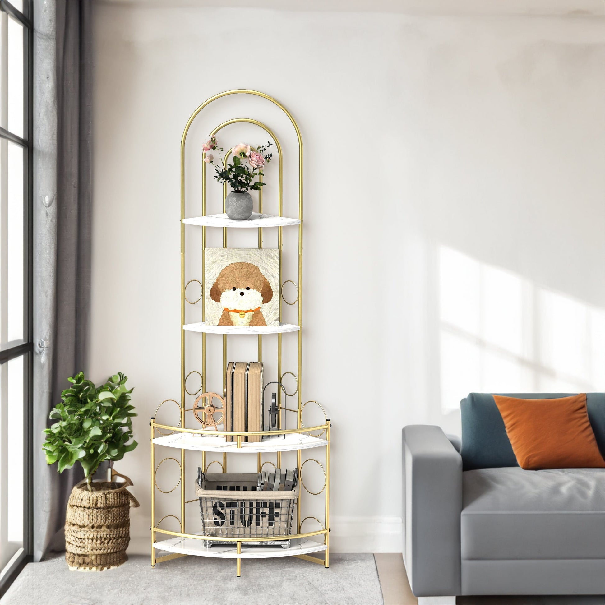 Gold 4-Tier Corner Bookshelf, Modern Style, Plant Stand with Metal Frame - Korvel