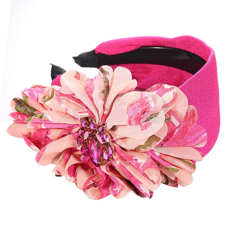 Diamond inlaid fabric flower toothed anti slip exaggerated headband - Korvel