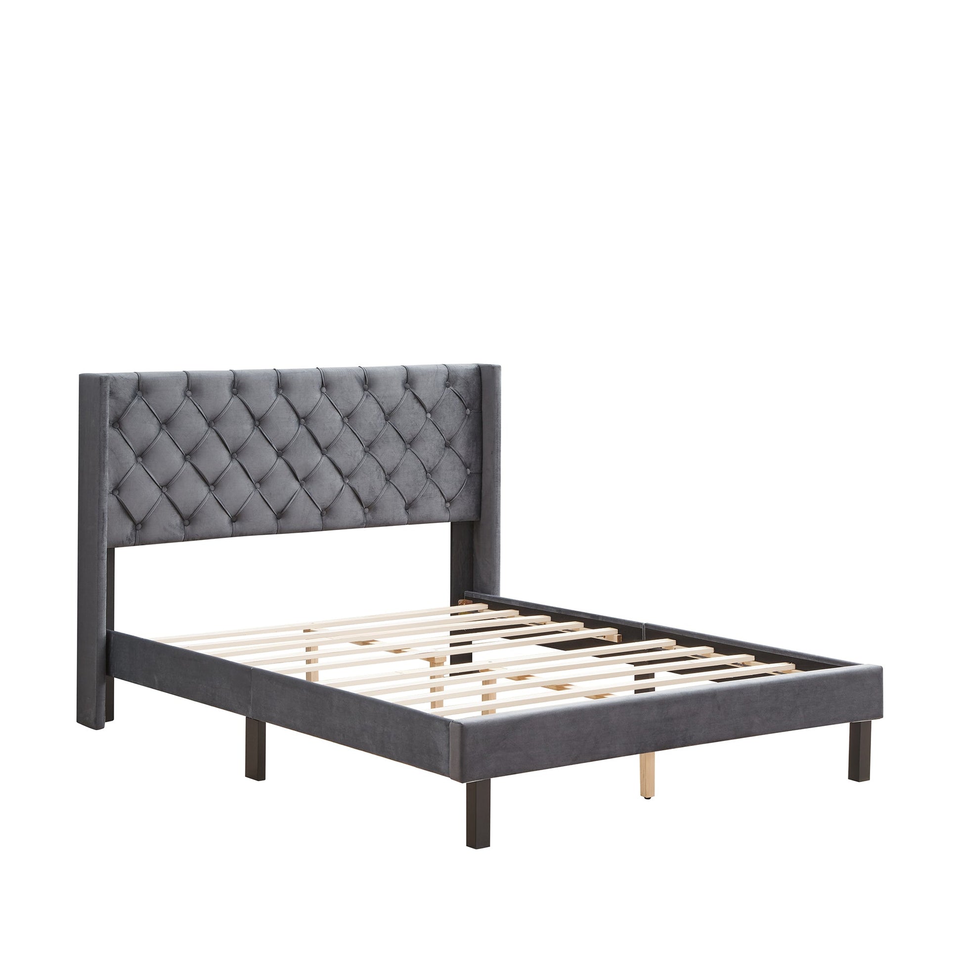 Velvet Button Tufted-Upholstered Bed with Wings Design - Strong Wood Slat Support - Easy Assembly - Gray Queen platform bed - Korvel