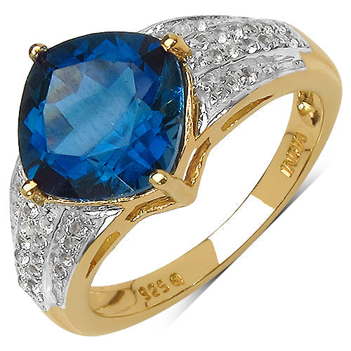 Anillo de Topacio Azul Londres y Topacio Blanco Bañado en Oro Amarillo de 18K