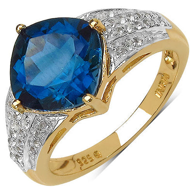 18K Yellow Gold Plated London Blue Topaz & White Topaz Ring