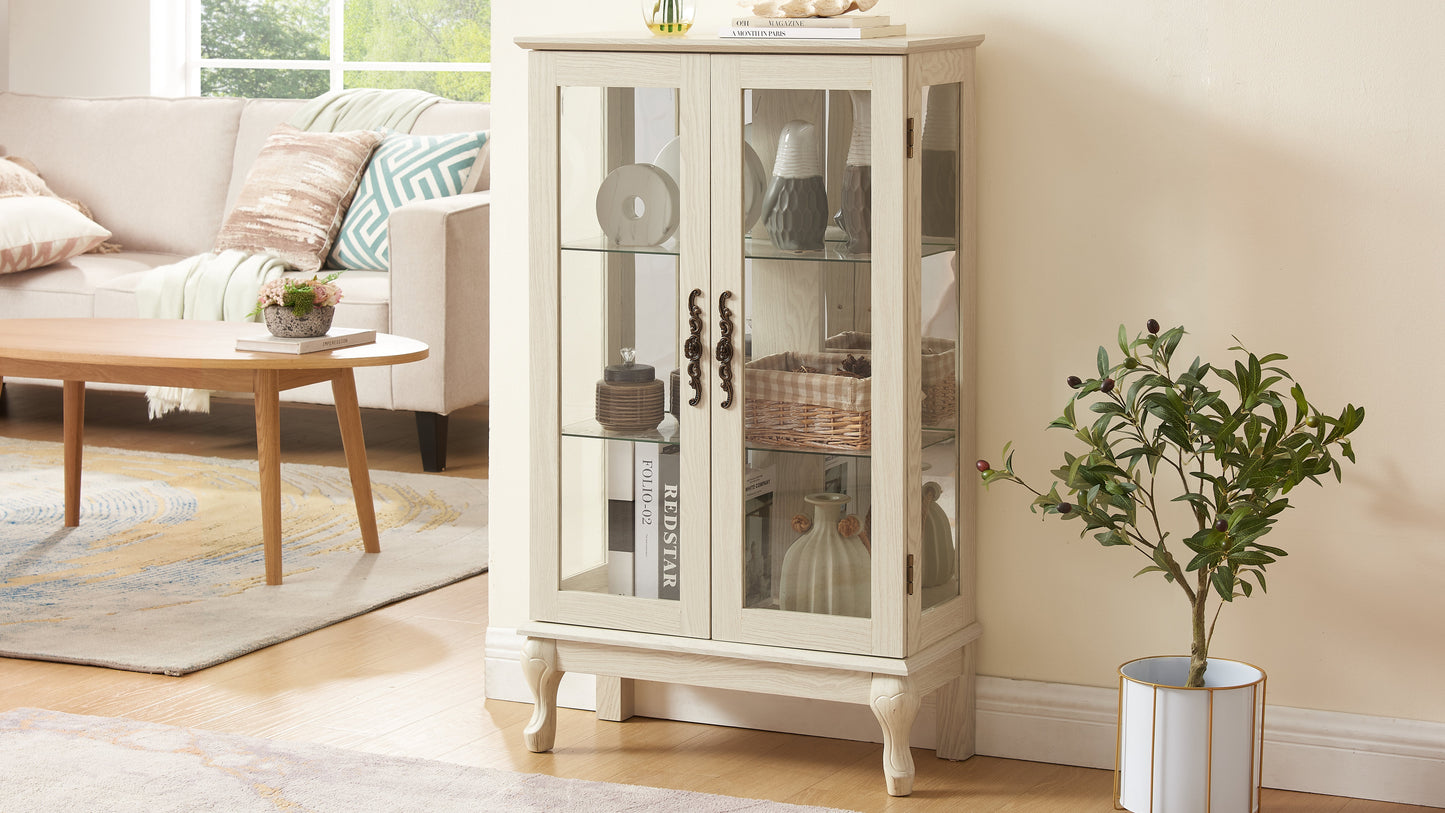 Dual door Curio cabinet with tempered glass door mirror back panel and adjustable shelf display cabinet with light bulbs, white - Korvel