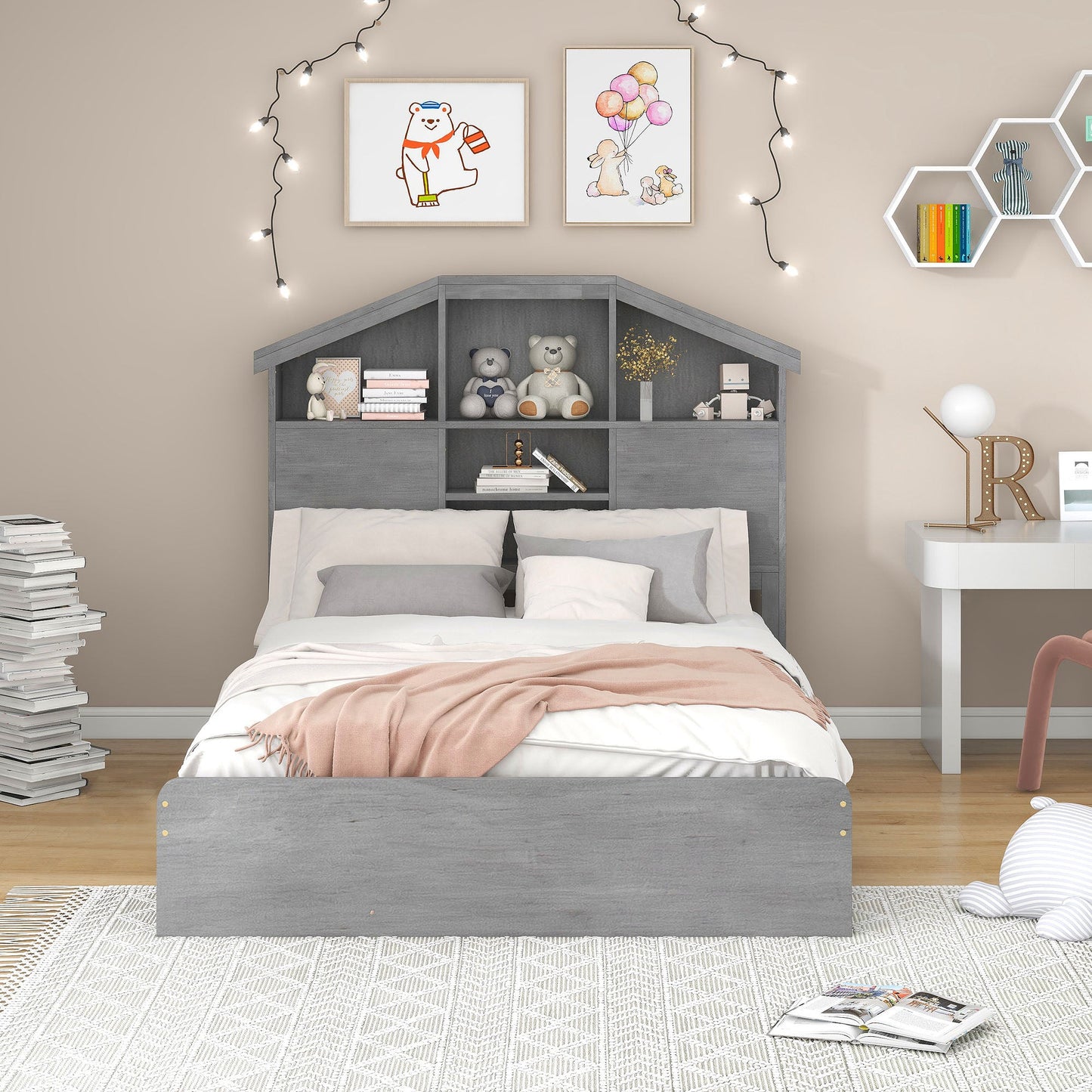 Full Size Wood Platform Bed with Storage Headboard - Gray