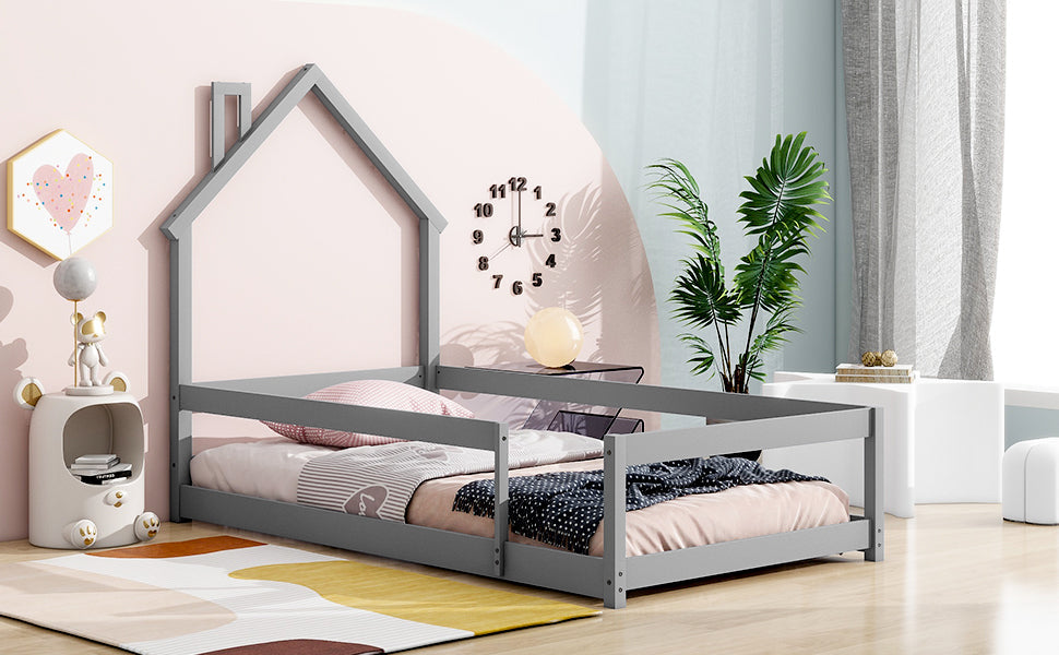 Lit simple taille jumeau en bois gris avec tête de lit en forme de maison