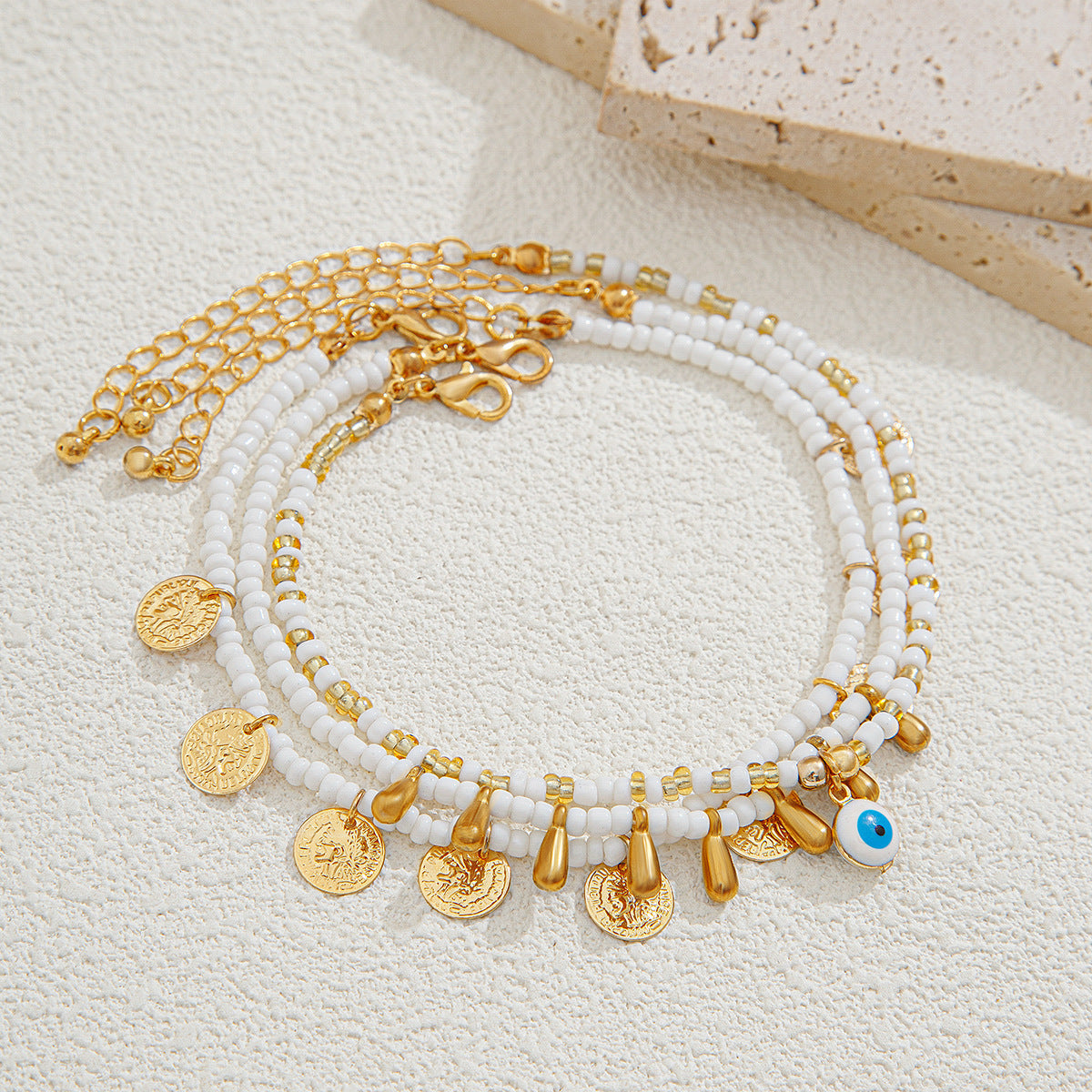 Conjunto de Tobilleras Elegantes de Perlas de Arroz Circulares para Playa - 3 Piezas
