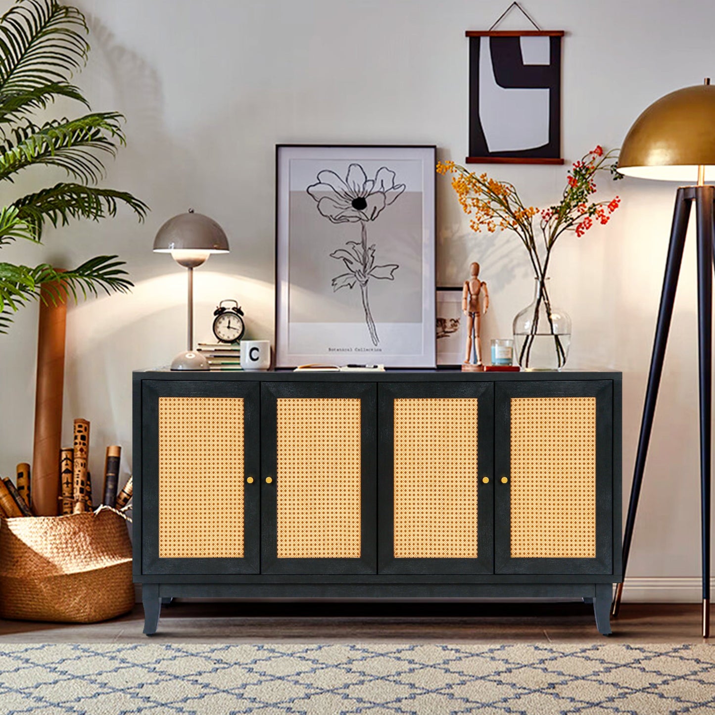 Handcrafted Premium Grain Panels Rattan Sideboard Buffer Cabinet Accent Storage Cabinet With 4 Rattan Doors BLACK - Korvel