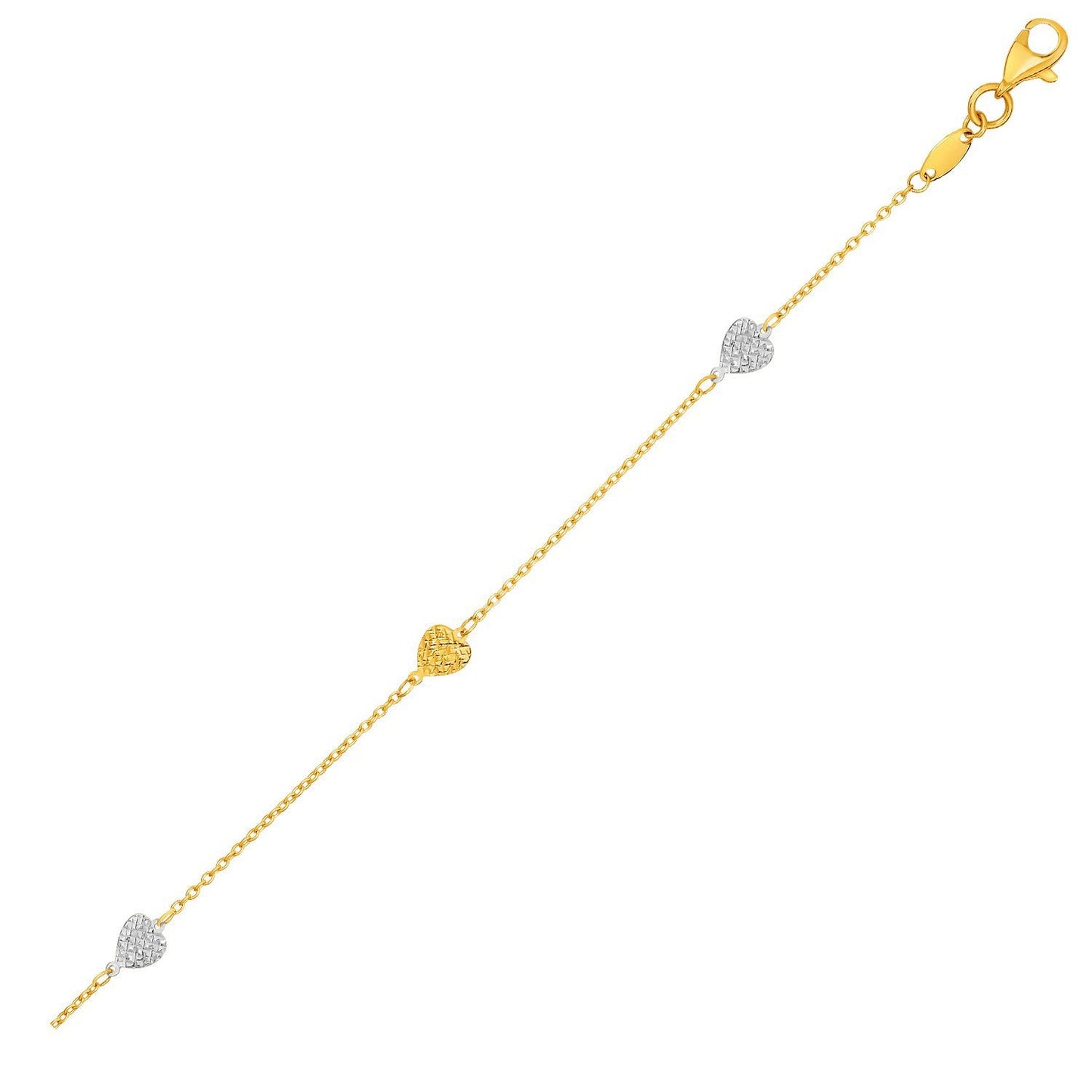 14k Two-Toned Gold Anklet with Textured Hearts
