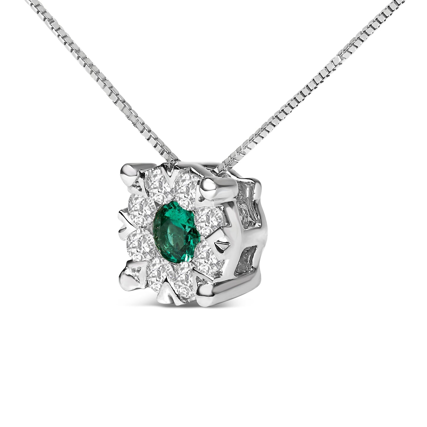 Collar con Colgante de Halo de Esmeralda y Diamante en Oro Blanco de 14K