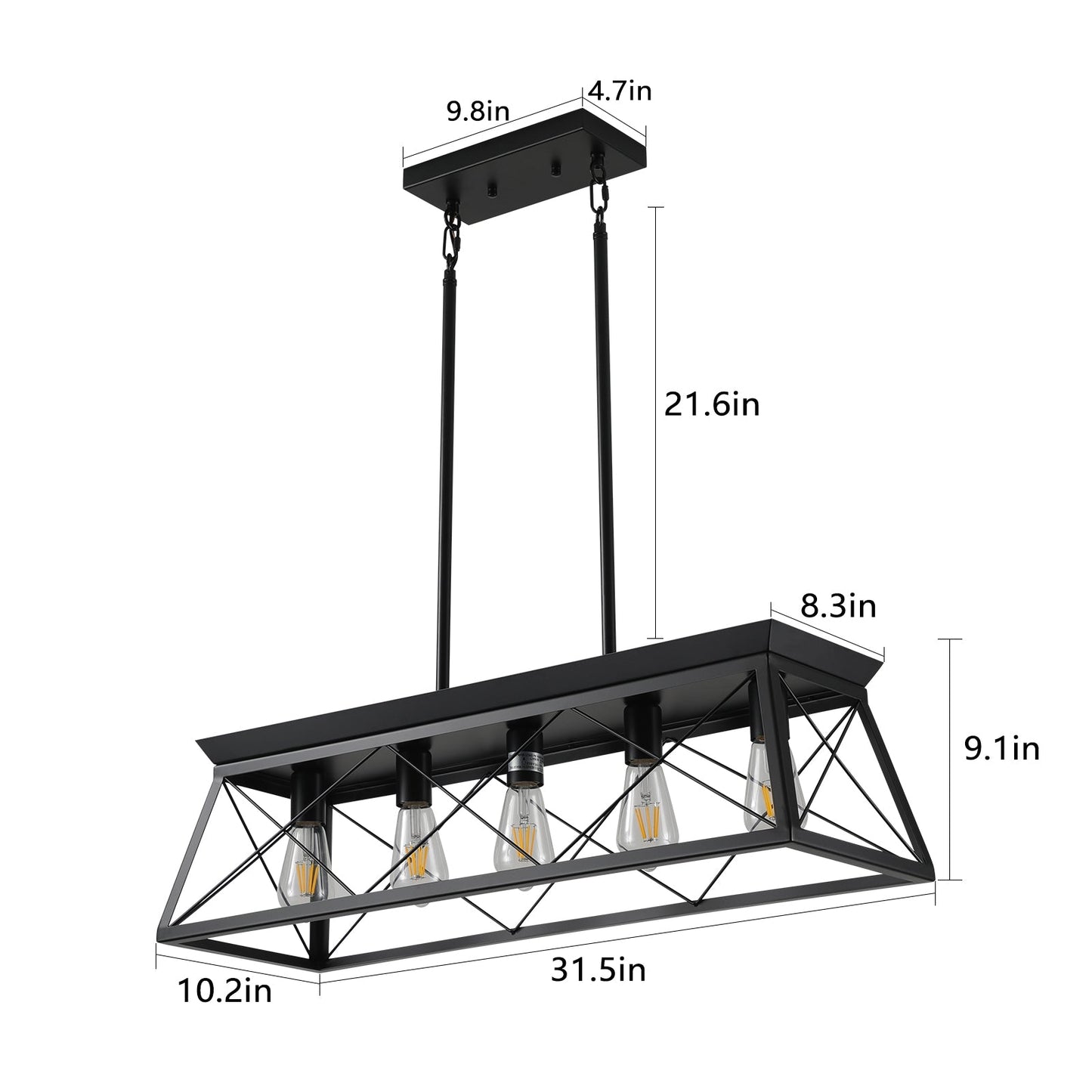 5-light farmhouse pendant light, metal pendant light island fixture, modern rectangular island light, pure black (no bulb) - Korvel