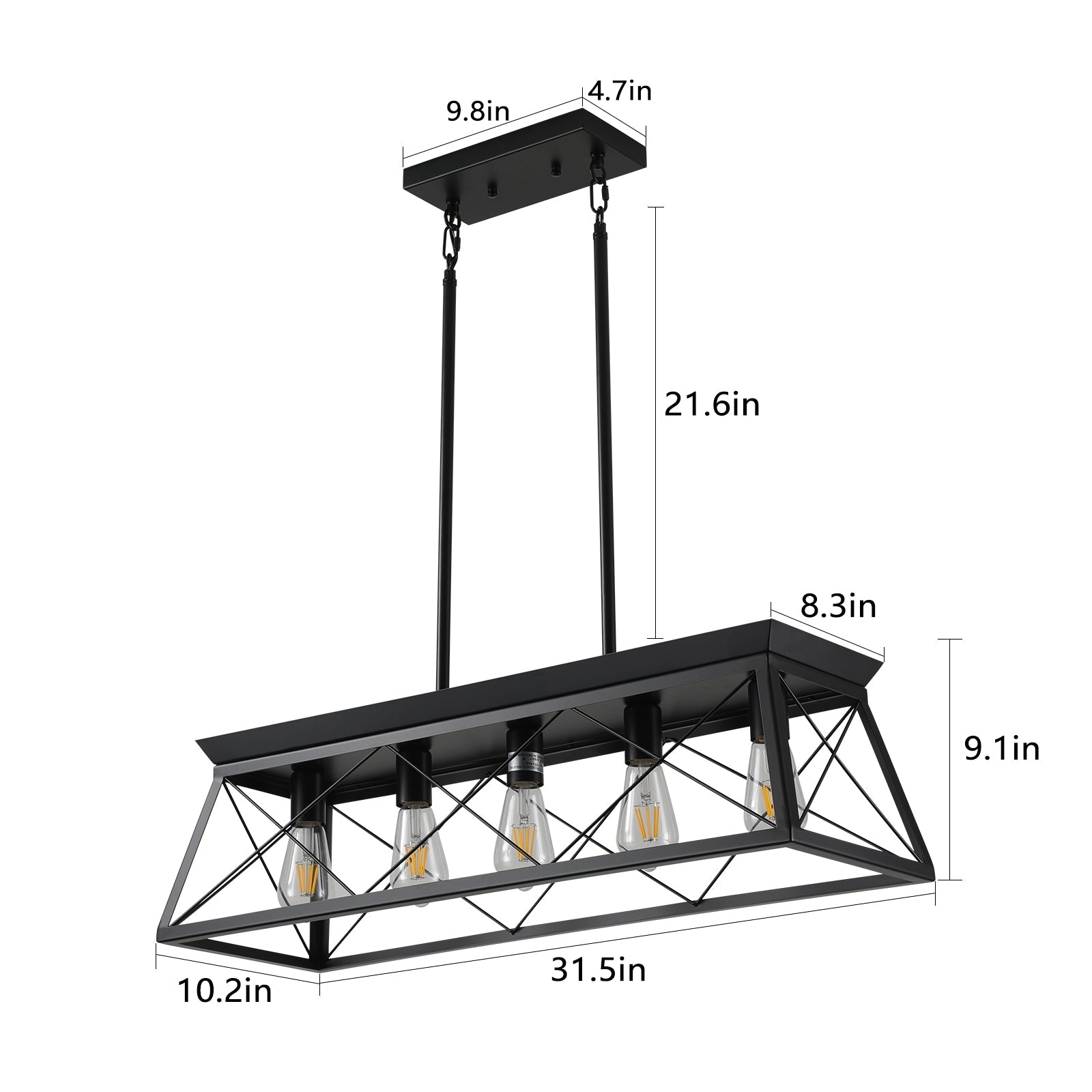 5-light farmhouse pendant light, metal pendant light island fixture, modern rectangular island light, pure black (no bulb) - Korvel
