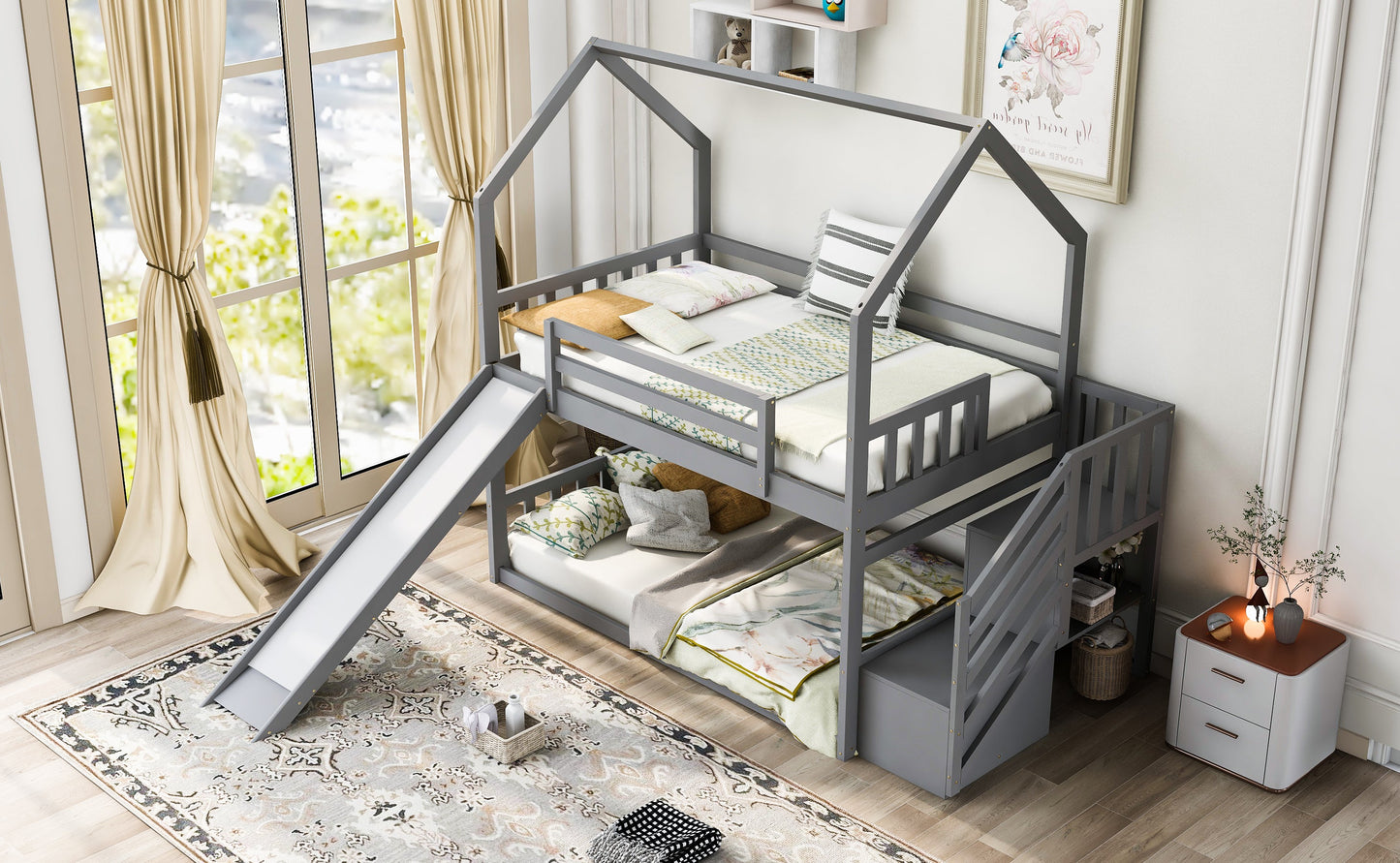 Lit superposé maison jumeau sur jumeau avec toboggan et escalier de rangement - Gris