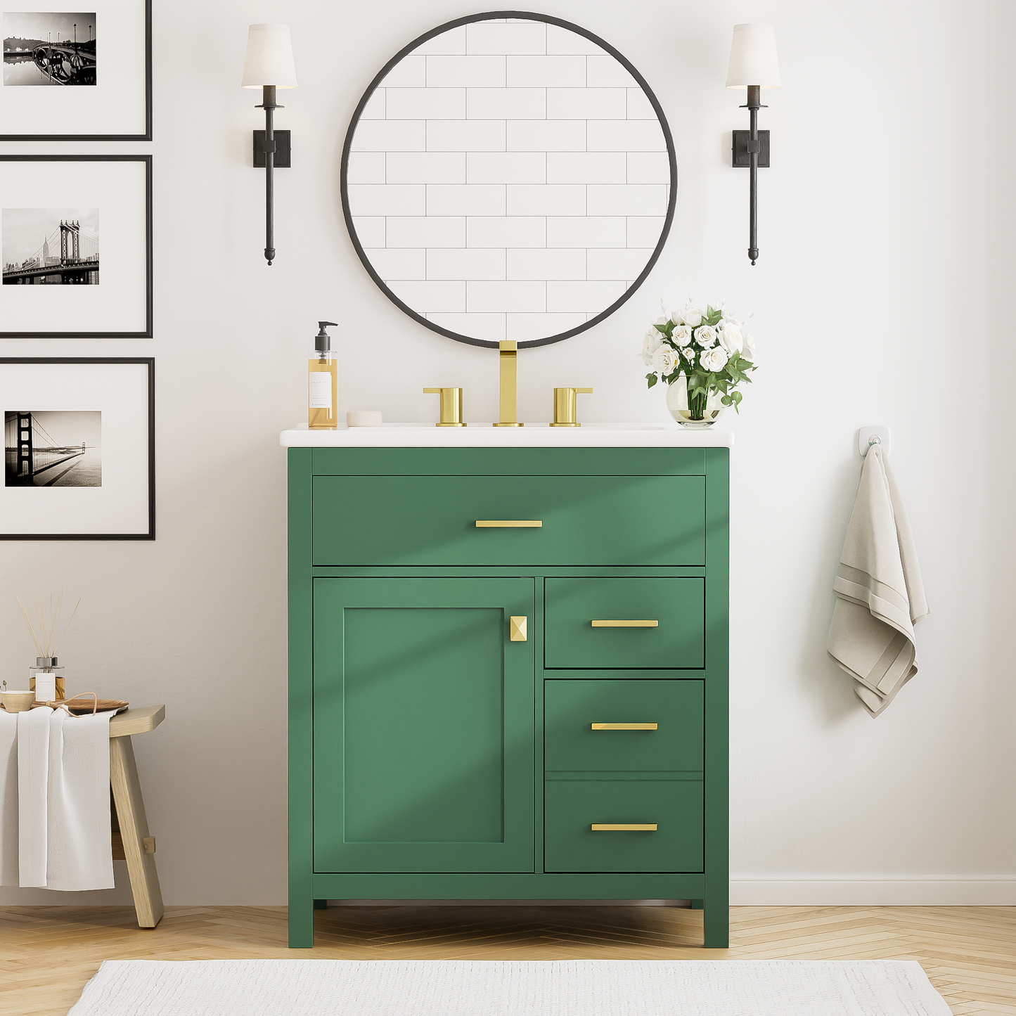 30-Inch Green Bathroom Vanity with Ceramic Sink