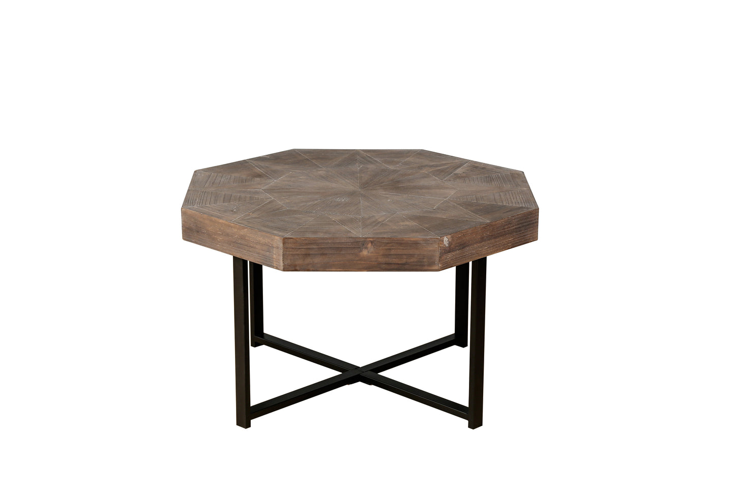 Mesa de café octagonal de madera marrón antigua con patas de metal