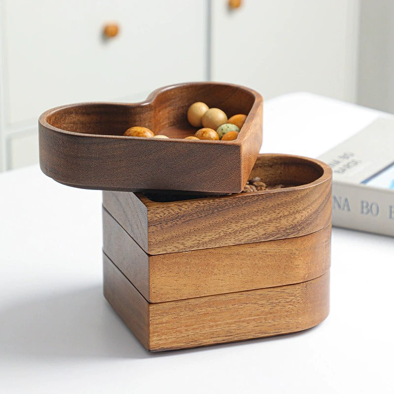 Wooden fruit box, whole wood heart-shaped candy box, nut and dried fruit storage tray, Japanese style solid wood stackable - Korvel