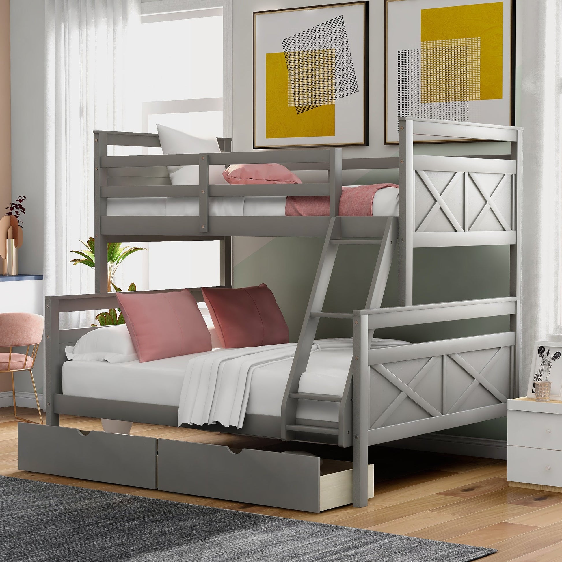 Twin over Full Bunk Bed with Ladder Two Storage Drawers  Safety Guardrail  Gray - Korvel