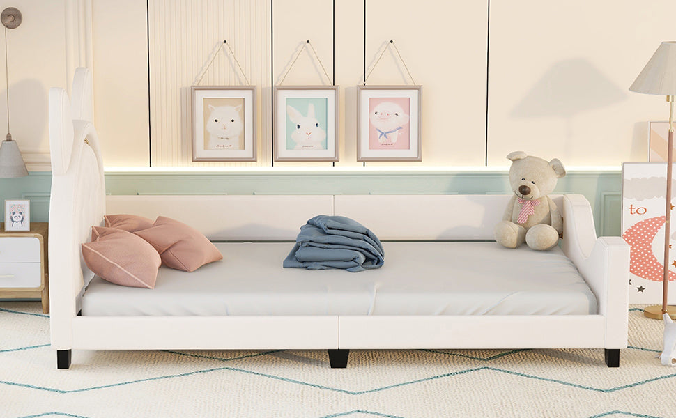Twin Size Upholstered Daybed with Carton Ears Shaped Headboard  White - Korvel
