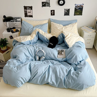 Washed Cotton Solid Color Double Spliced Four-Piece Bedding Set - Sheet, Quilt Cover, Pillowcases for Employee and Dormitory Use - Korvel