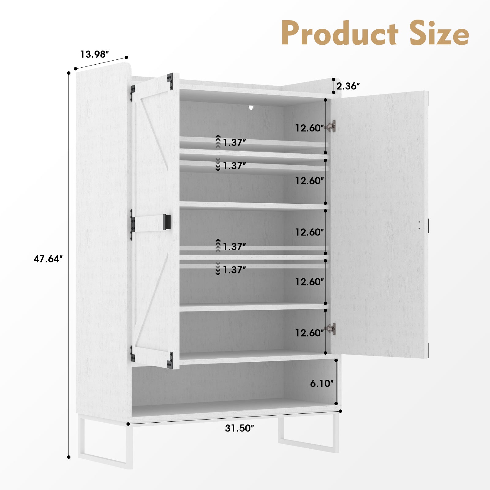 Shoe Cabinet with Doors, 6-Tier Shoe Storage Cabinet with Adjustable Shelves, Wooden Shoes Rack Shoe Storage Organizer - Korvel