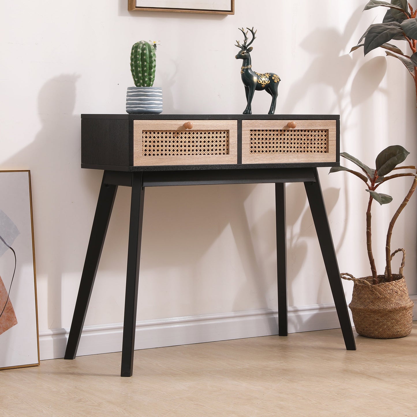 Side table with two real rattan drawers, solid wood table legs,can be used in the dining room, living room,bedroom - Korvel