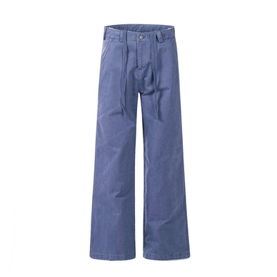 Vintage Drawstring Design Work Pants Men's High Street Retro Loose Fit Casual Solid Color Wide Leg Tapered Long Pants - Korvel