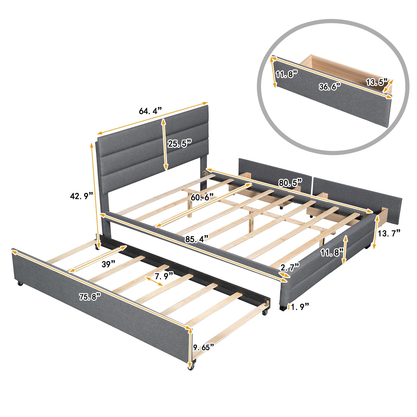 Queen Upholstered Platform Bed with Twin Size Trundle and Two Drawers Grey - Korvel
