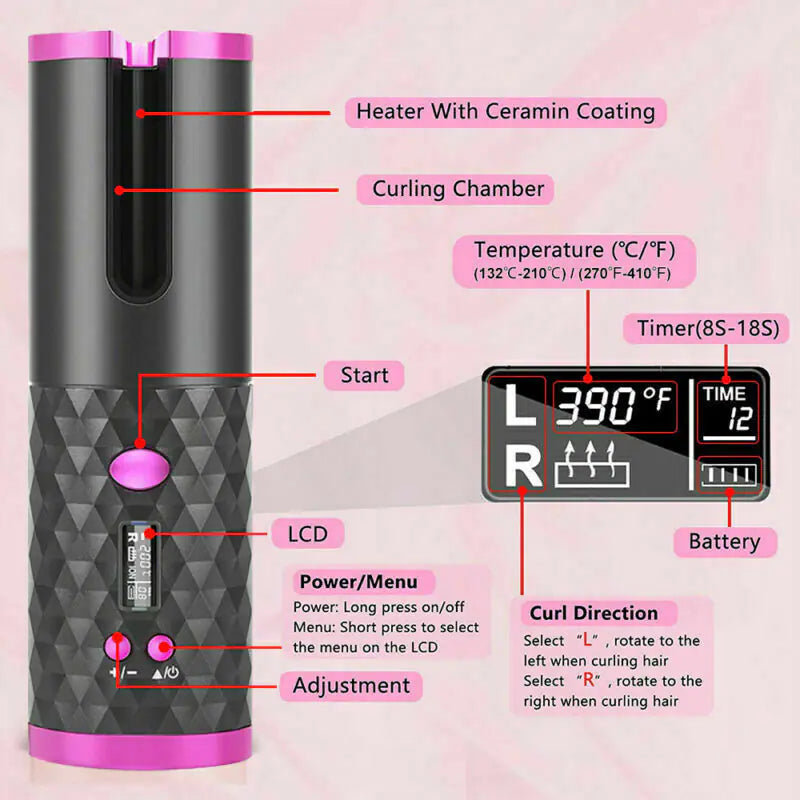 Rizador de Cabello Inalámbrico con Rotación Automática y Pantalla LCD