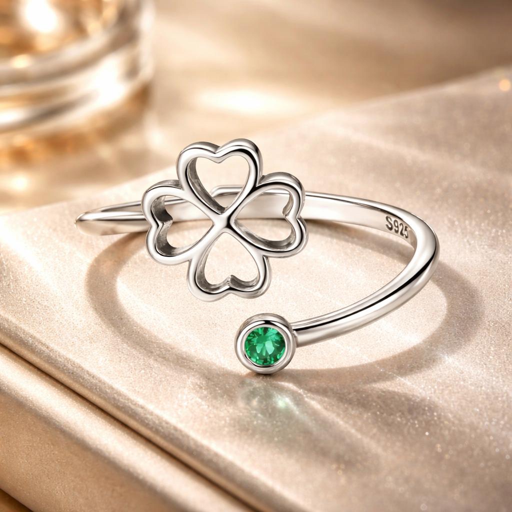 925 Sterling Silver Four-Leaf Clover Ring with Pavé CZ