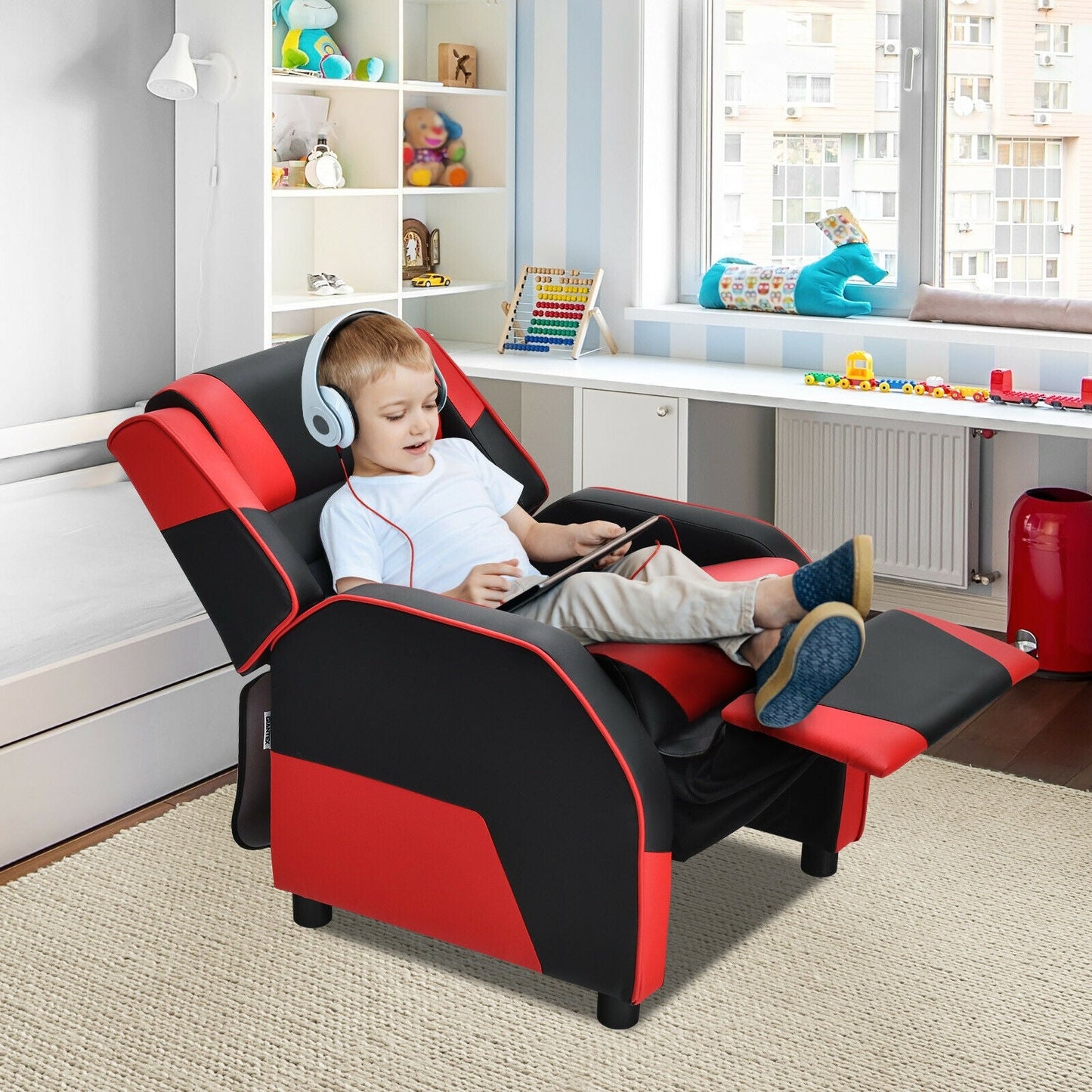 Kids PU Leather Gaming Recliner Sofa with Headrest - Red